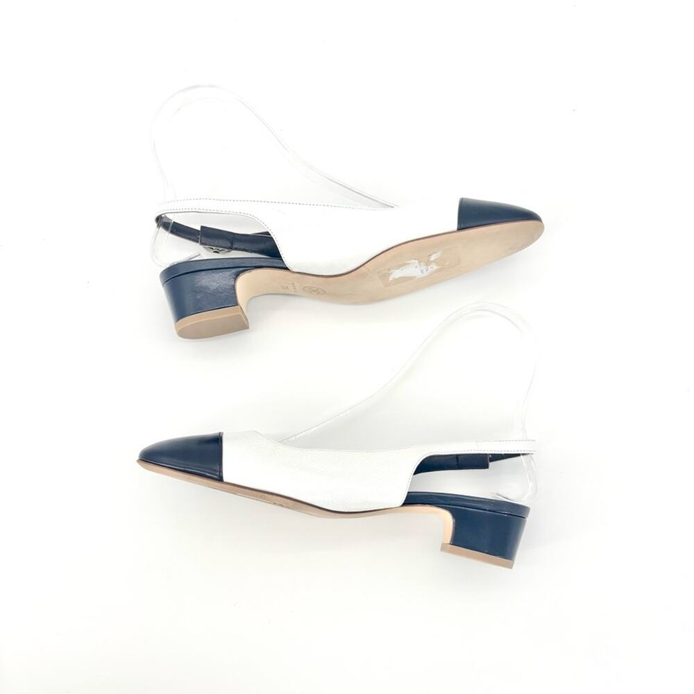 NEW Chanel Calfskin CC Logo Cap Toe White Dark Navy Slingback Low Heel Pumps 36 - Picture 5 of 9